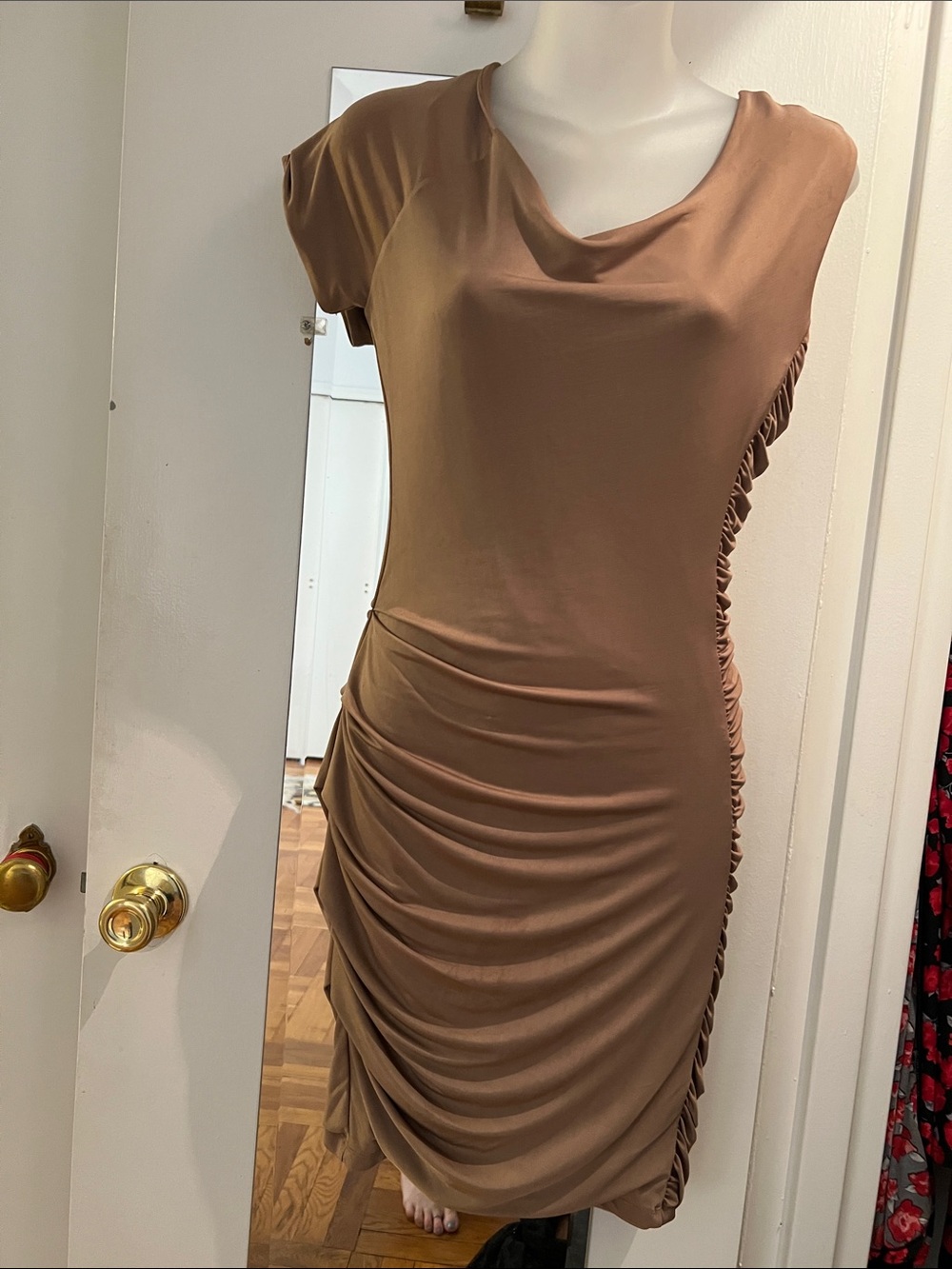 Bebe Ruched Brown Women’s Dress - Sleek Draped Bodycon